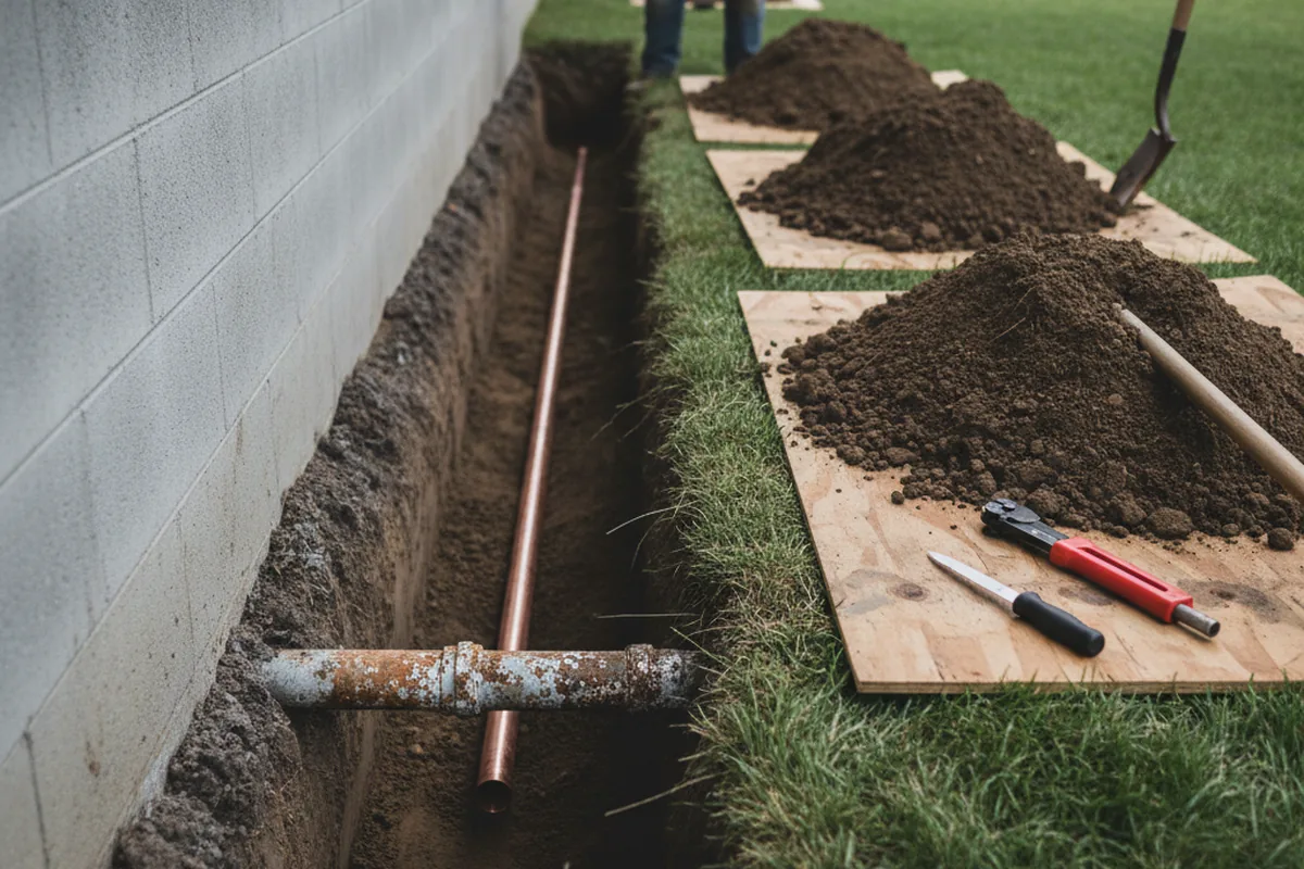 Excavated water line trench during Water Softener Installation in Jarreau